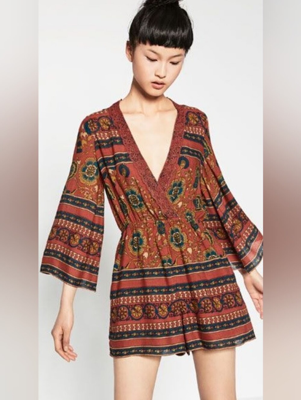 Zara Boho Rust Floral Romper Sz M